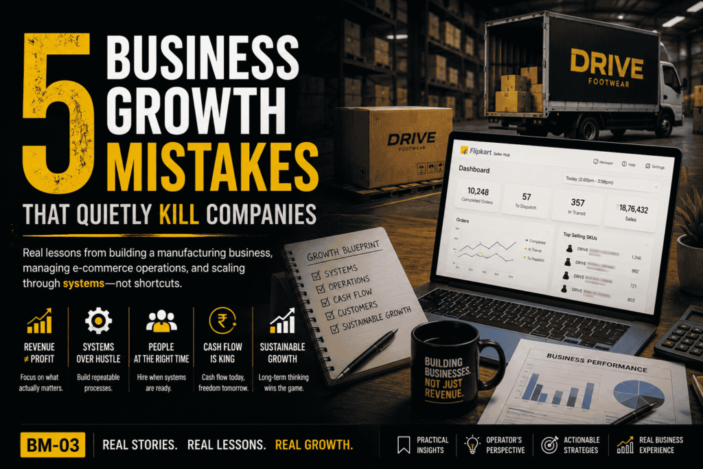 Business Growth Mistakes featured image showing sustainable business growth, operations, manufacturing systems, cash flow management, and e-commerce strategy.