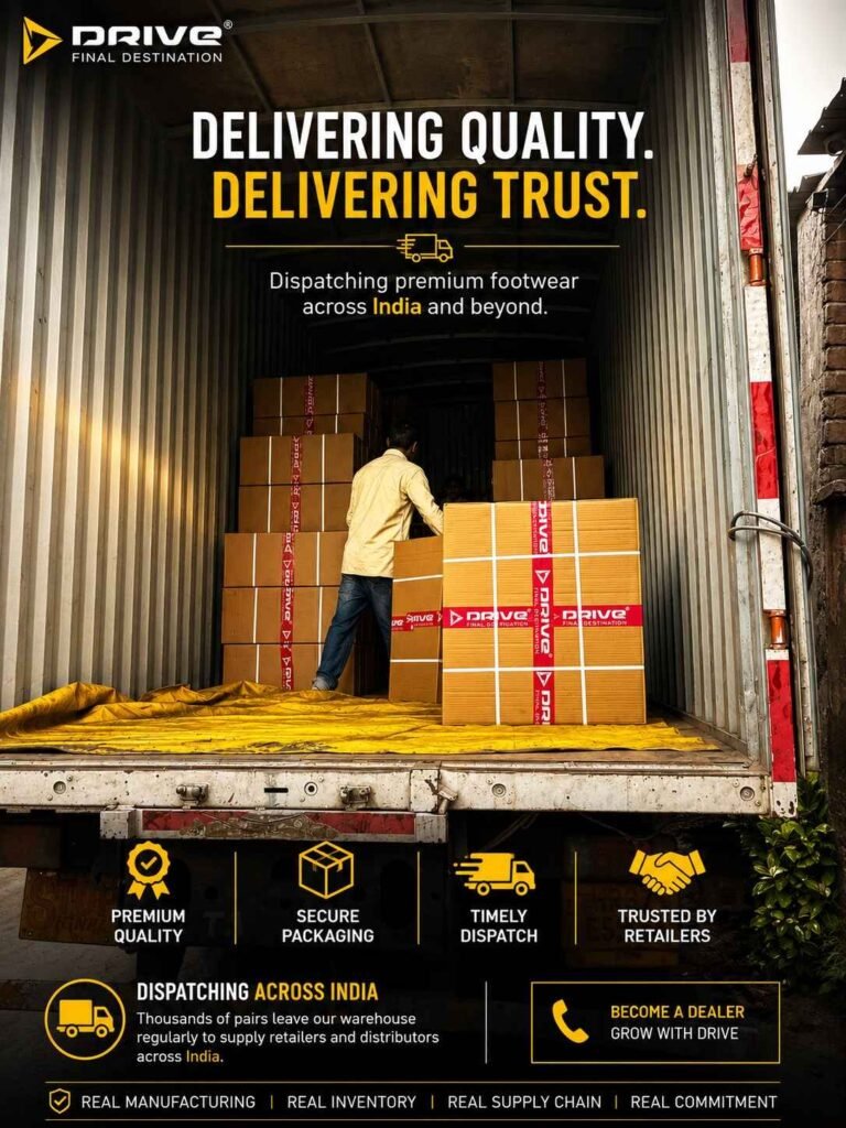 DRIVE Footwear team loading cartons into a truck for safe and efficient dispatch across India from the manufacturing facility.