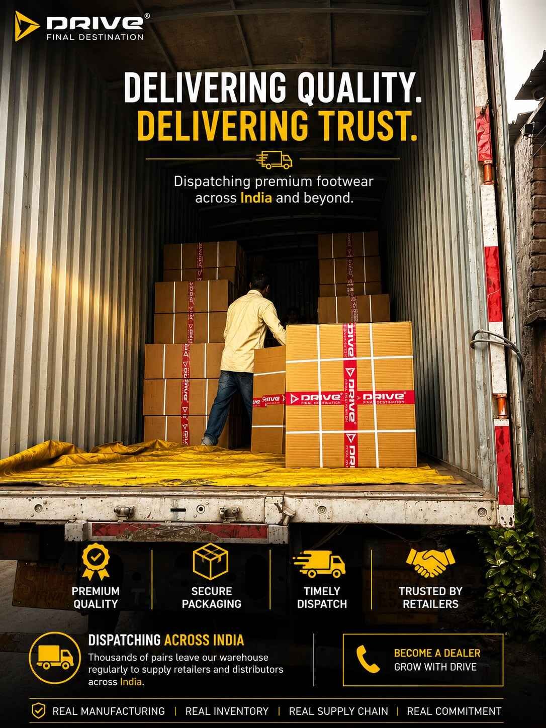 DRIVE Footwear team loading cartons into a truck for safe and efficient dispatch across India from the manufacturing facility.