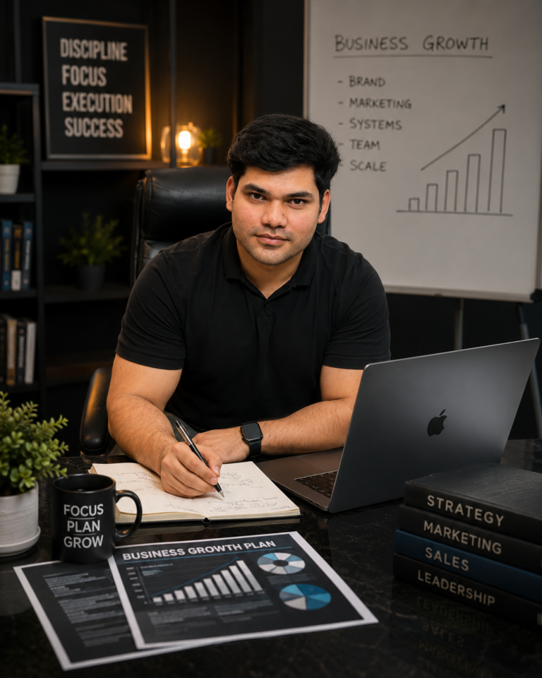 Juned Siddiqui planning business growth strategy with laptop, business reports, and leadership insights in a modern office workspace.