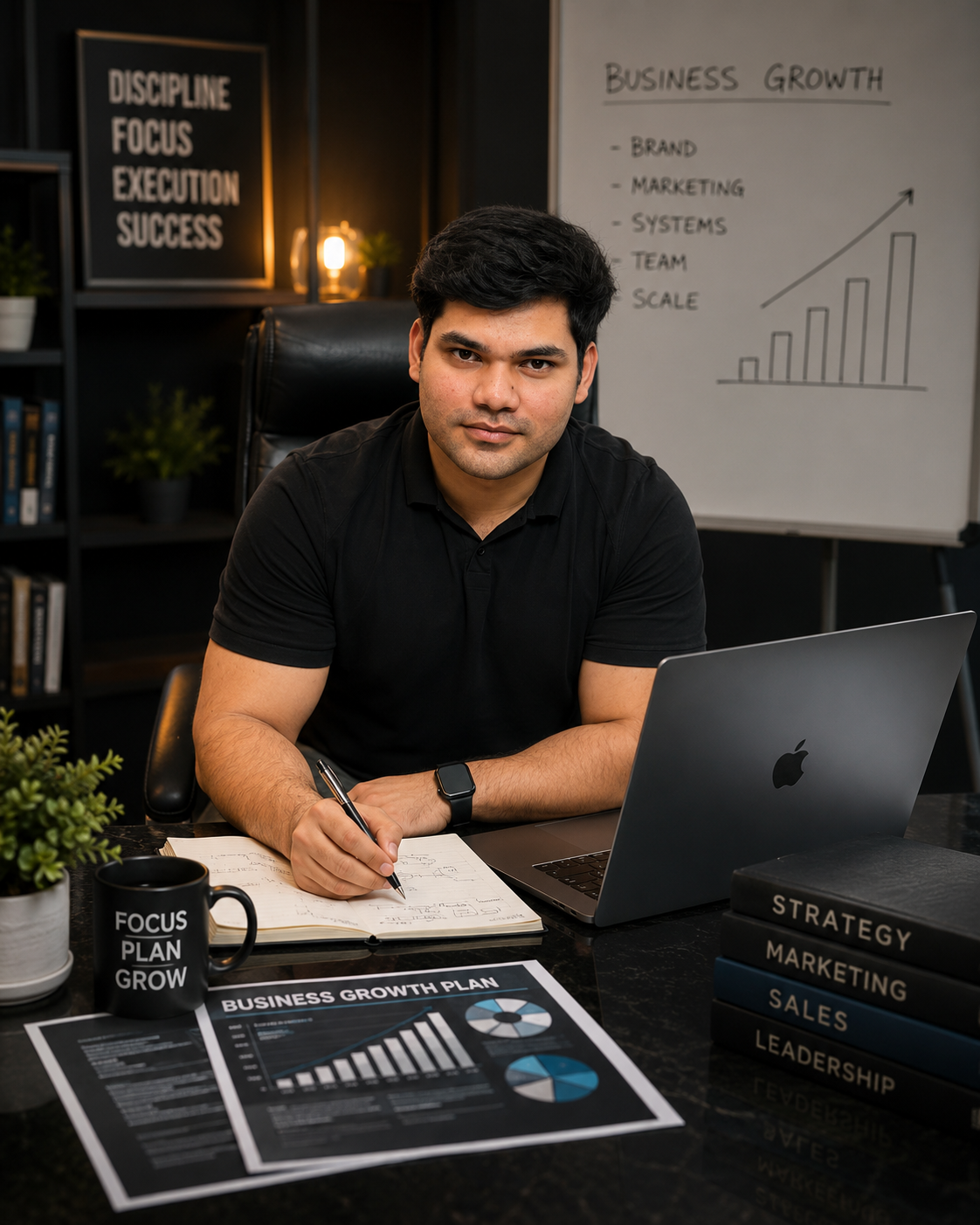 Juned Siddiqui planning business growth strategy with laptop, business reports, and leadership insights in a modern office workspace.