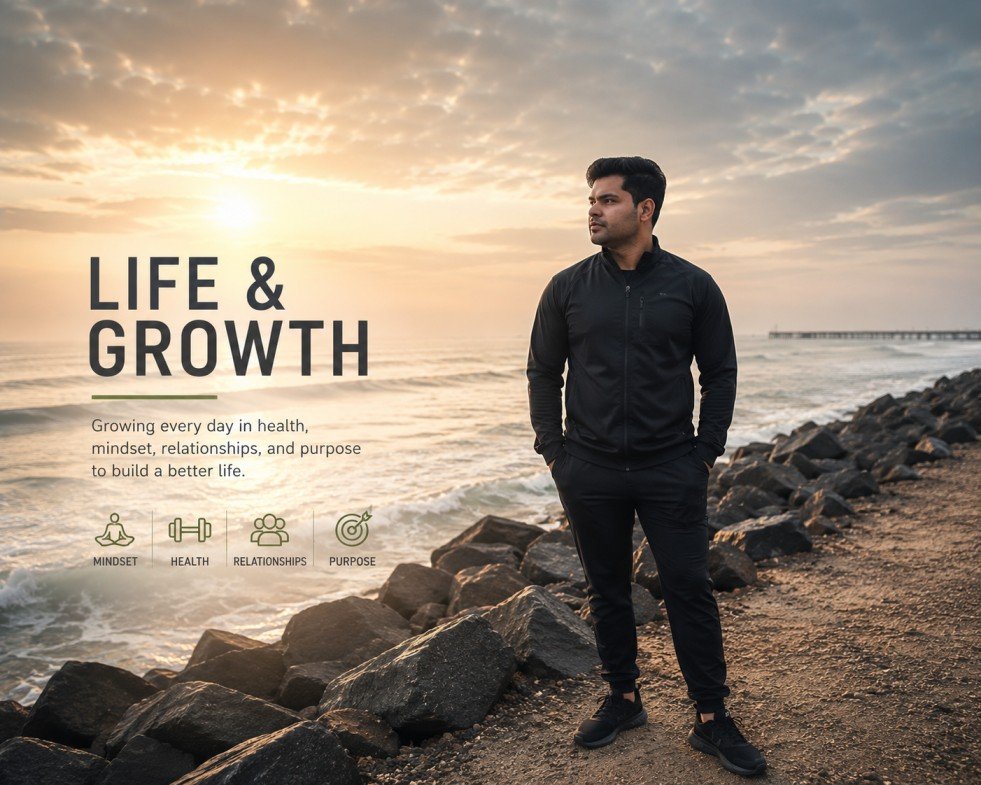 Juned Siddiqui standing by the ocean at sunrise, reflecting on personal growth, health, mindset, purpose, and lifelong learning.