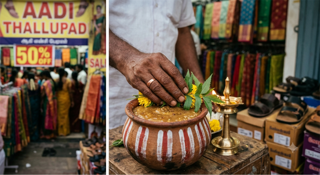 A conceptual split-panel image contrasting the business and spiritual aspects of the South Indian month of Aadi. The left panel shows a crowded street market scene with a large red and yellow banner that reads "AADI THALLUPADI 50% OFF" in English and Tamil, packed with racks of colorful textiles and shoppers. The right panel shows a close-up of a hand placing sacred neem leaves and marigolds as an offering into a traditional decorated clay pot filled with Aadi Koozh (millet porridge), next to a lit brass oil lamp.