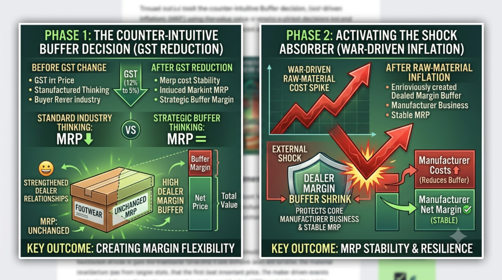Case study graphic: From GST reduction to US-Iran war-driven inflation, protecting footwear prices without changing MRP.