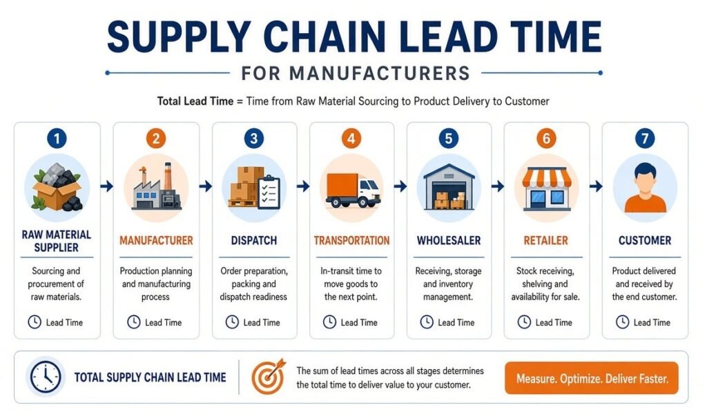 Supply chain lead time showing supplier, raw material, production, transportation and delivery planning for seasonal demand.