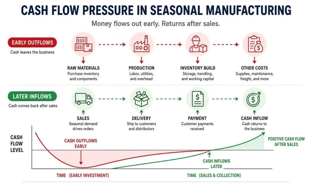 Cash flow pressure chart in seasonal manufacturing showing early outflows and later inflows